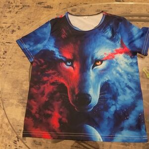 Vibrant Blue and Red Wolf Graphic Short Sleeve Tee